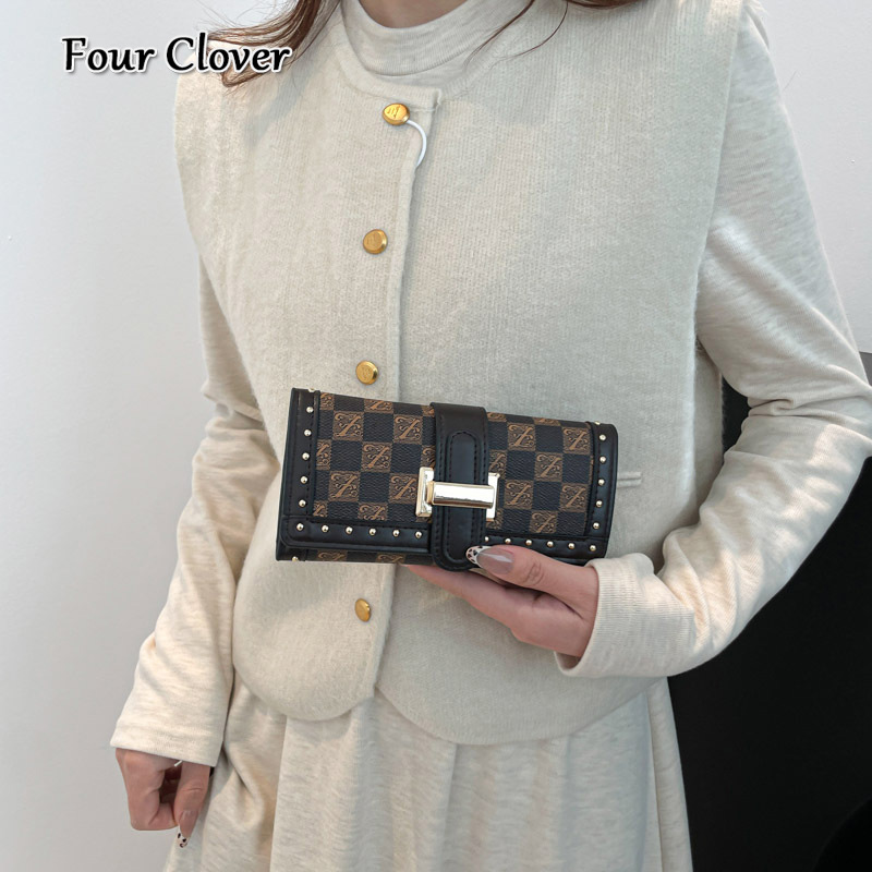 Women's long wallet, new multi-functional vintage wallet, studded plaid print clutch, multi-card slot coin purse, vintage men's bifold walle