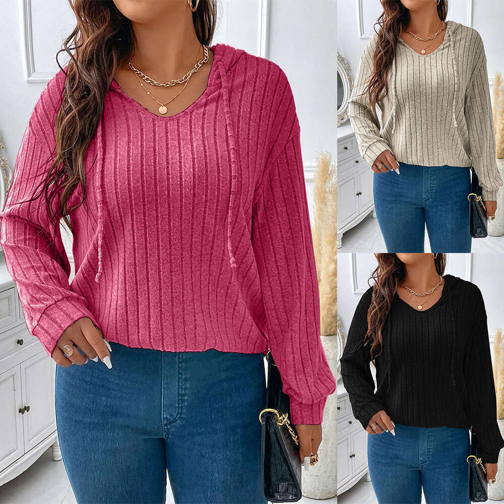 2026 Autumn Winter New Solid Color Plus Size Women's Top V-Neck Hooded Long Sleeve Ribbed Brushed T-Shirt Loose Fit
