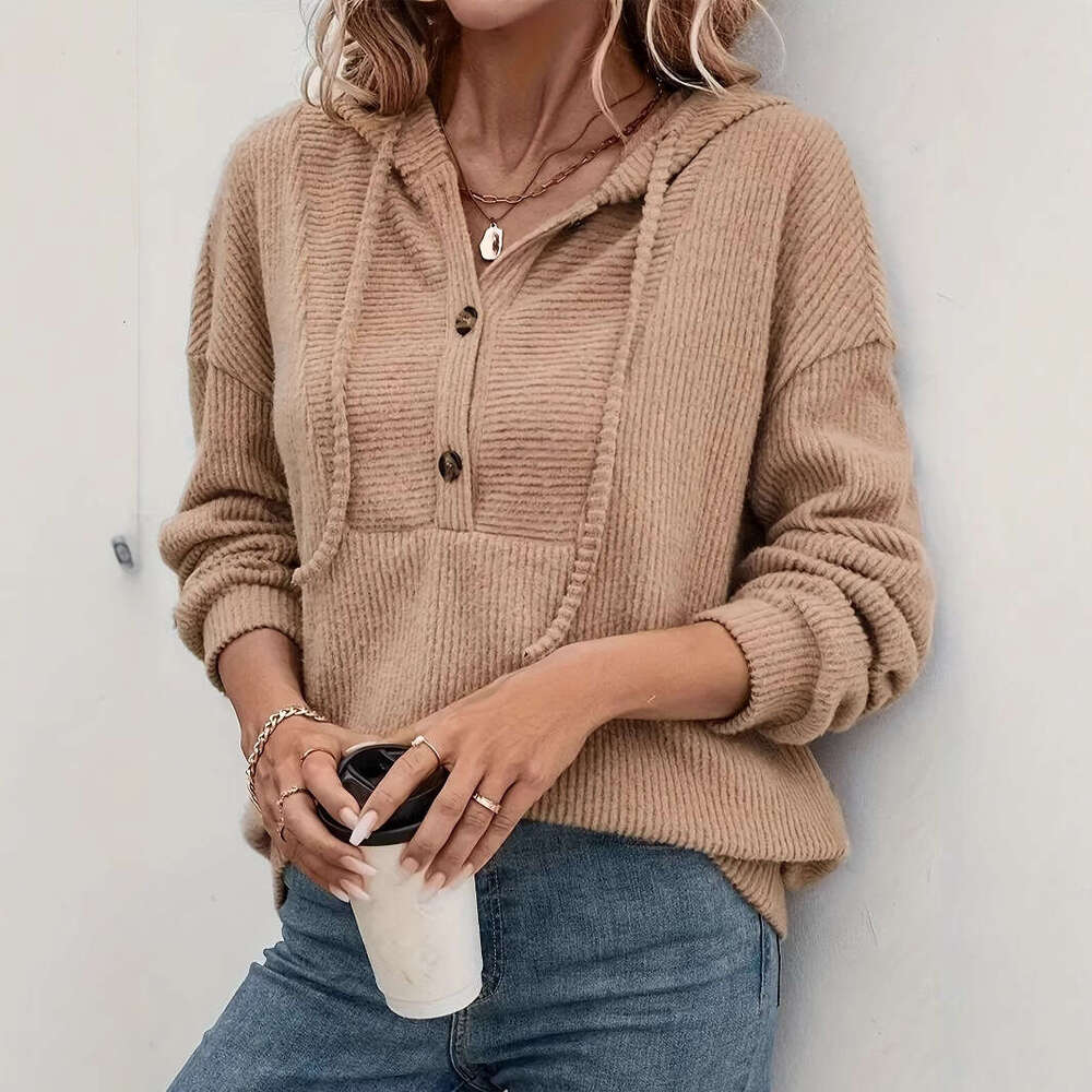 2026 European and American Cross-Border Women's Autumn Winter Hooded Ribbed Long Sleeve Sweatshirt Top