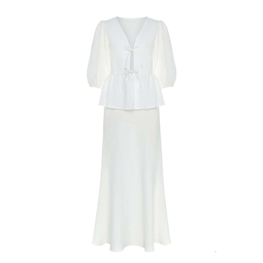 100% Cotton Half Spring Puff Sleeve Shirt + Design Long Skirt Casual Set for Women