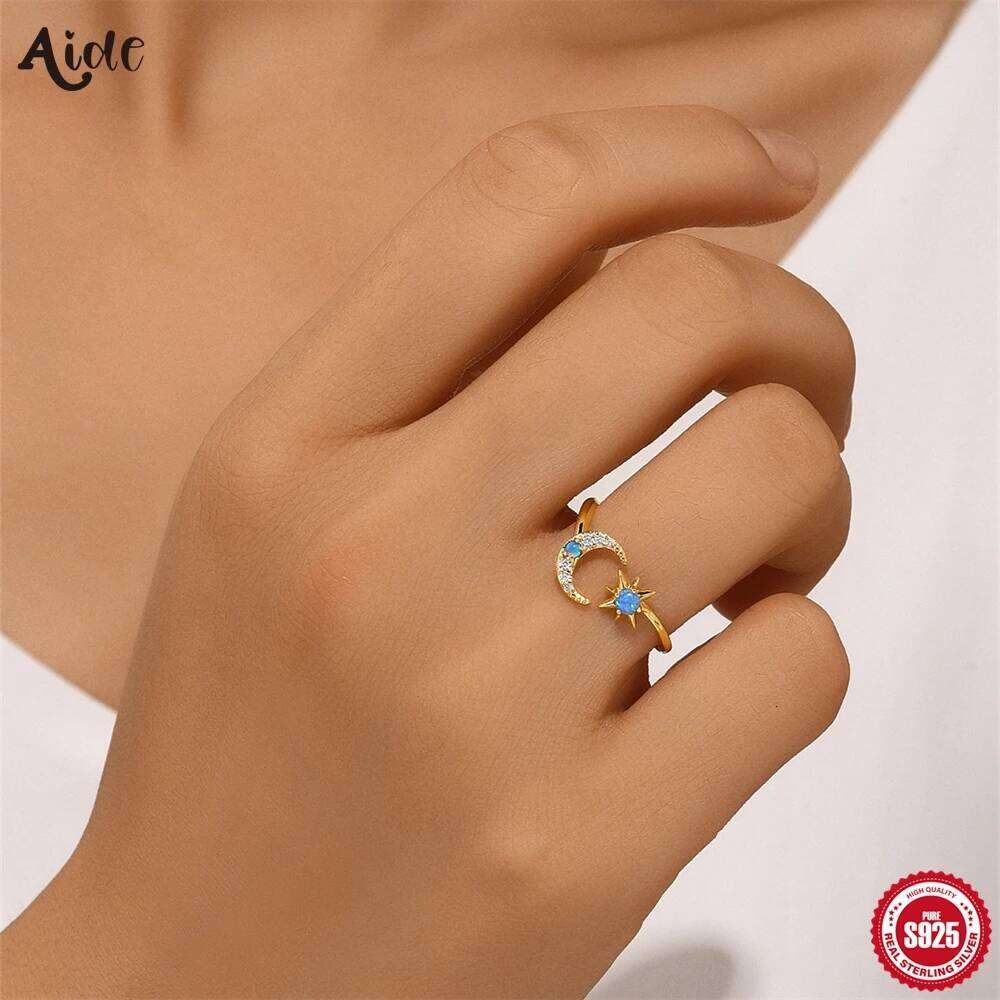 Aide Moon and Star Designed Women Finger 925 Silver Opening Adjustable Exquisite Girls Index Rings Daily Statement Jewelry