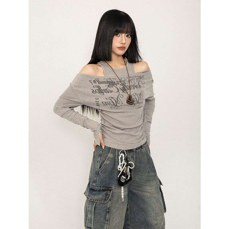 American Retro Print Off-Shoulder Long Sleeve T-Shirt for Women, Autumn New Style, Waist-Cinching Slimming Hot Girl Fake Two-Piece Top, Ins Style