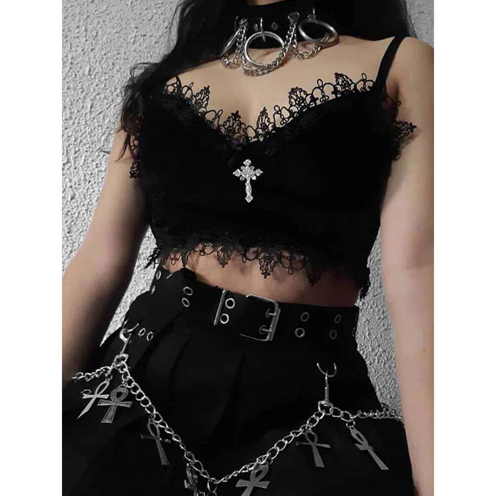 Velvet Y2K Mall Goth Black Lace Trim Emo Alternative Aesthetic Crop Tops Women Backless Sexy Strap Tanks