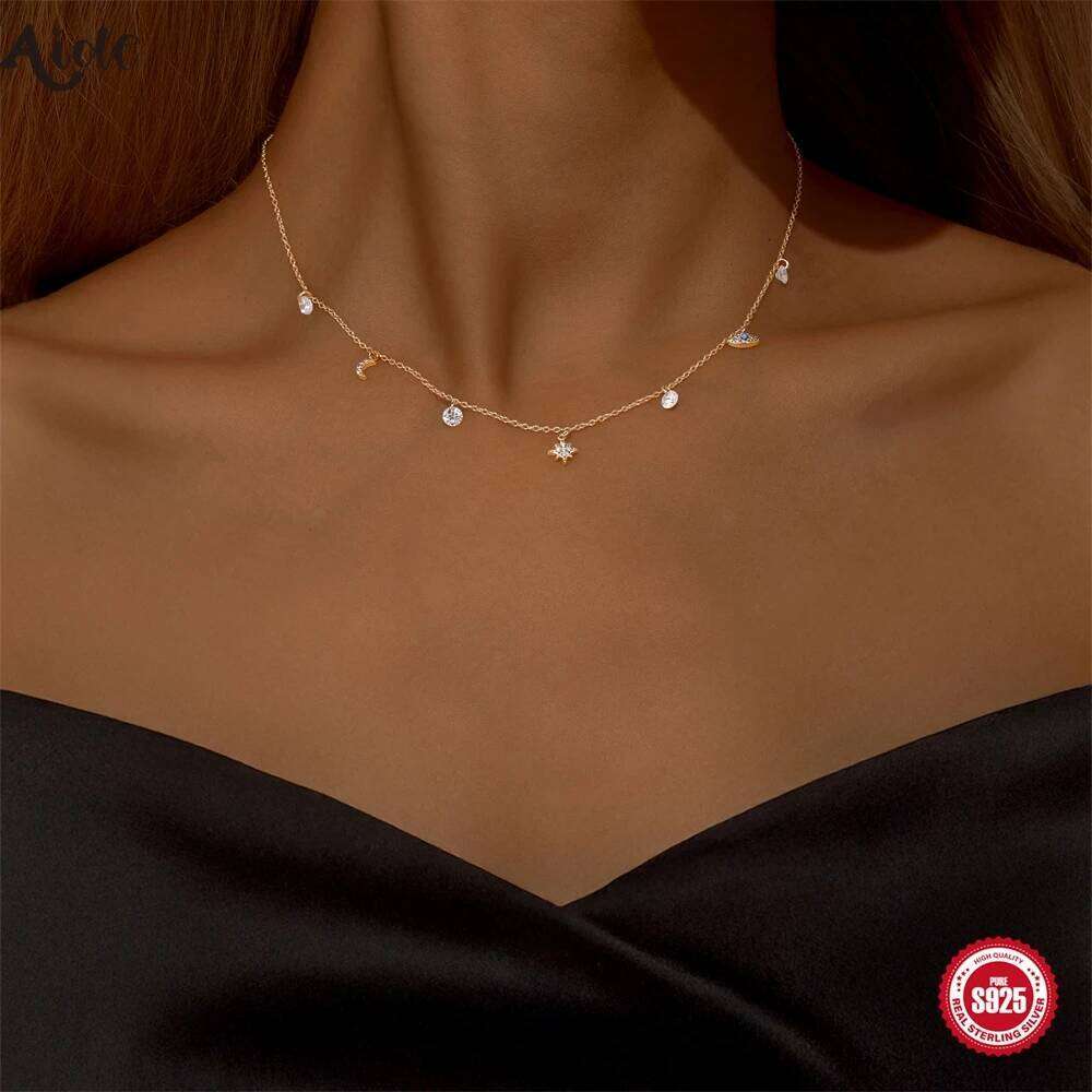 Aide S925 Sterling Silver Classic Star & Moon Women's Clavicle Necklaces Blue Eye Zircon Dangle Dainty Chokers Chain Jewelry