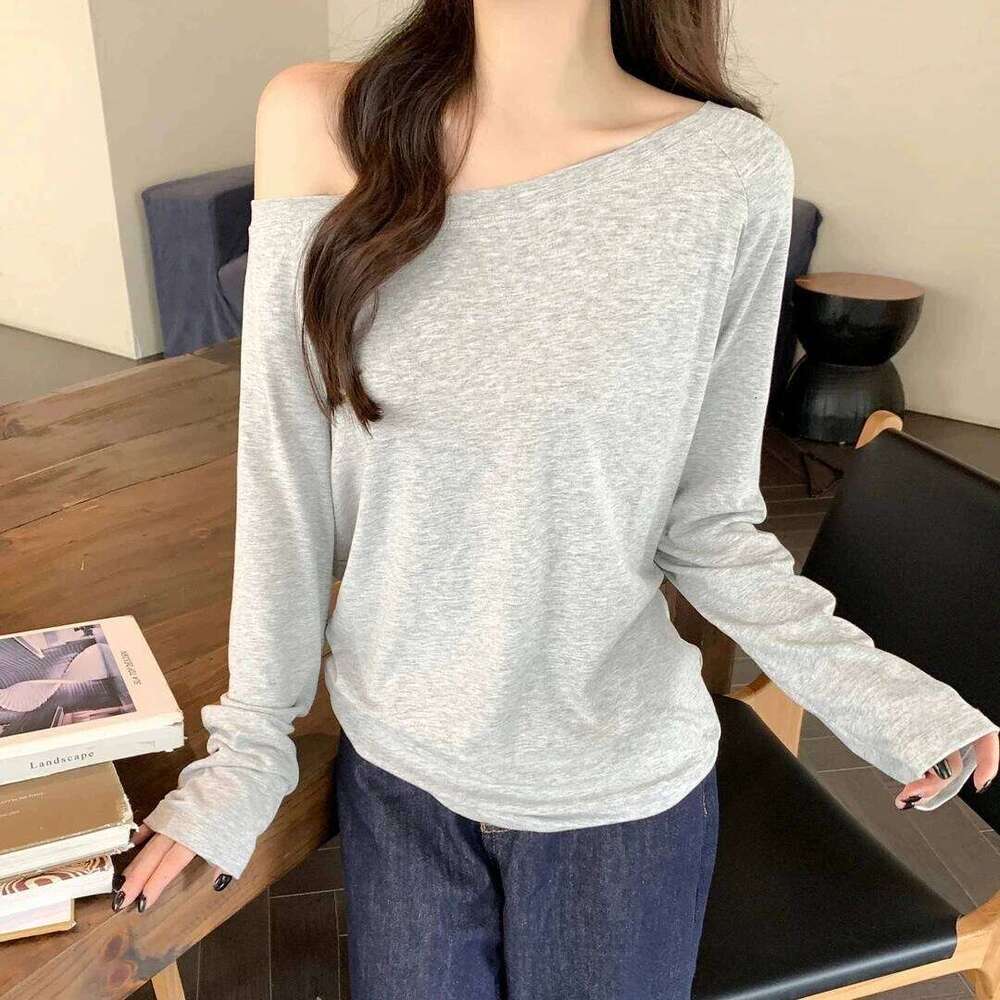 Women's off shoulder diagonal collar long sleeved women's solid color casual top, spring and autumn basic T-shirt, Kore