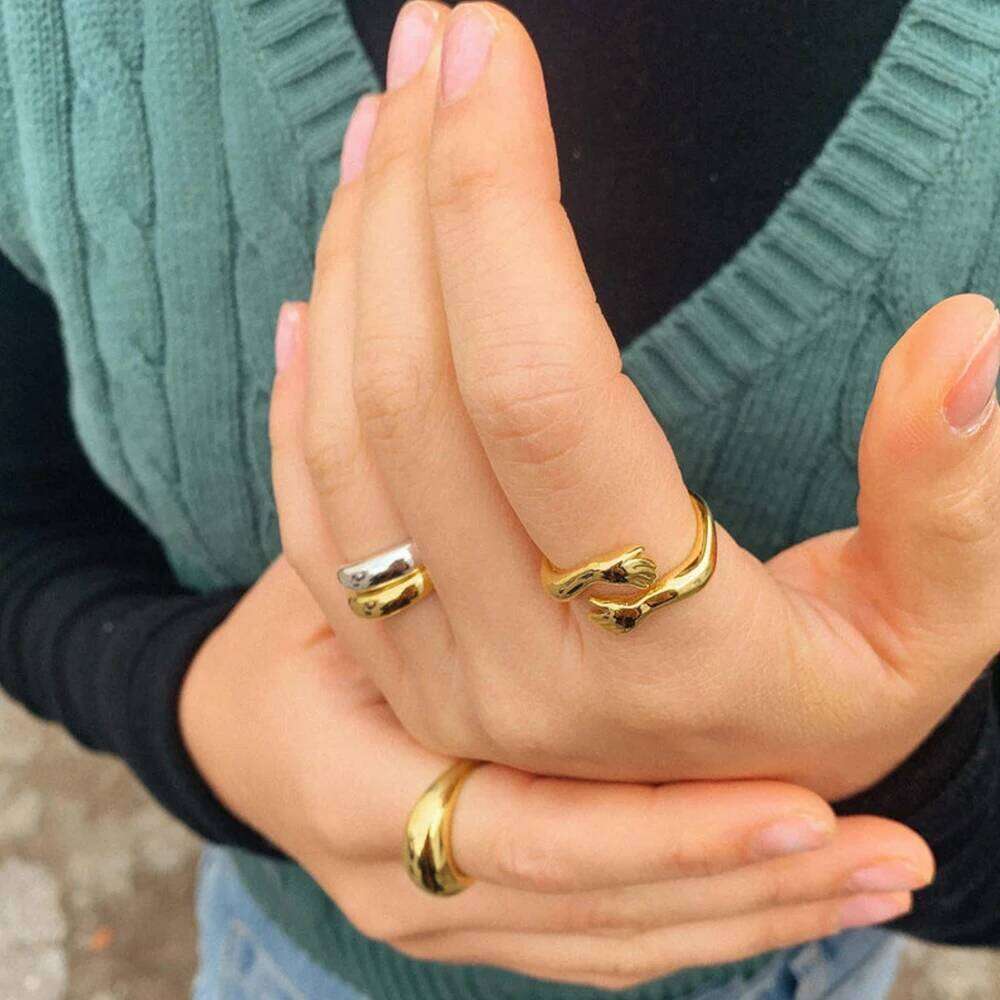 Aide 925 Sterling Silver Creative Hands Love Resizable Rings For Women Valentine's Gift Cute His Big Loving Hug Gesture Ring