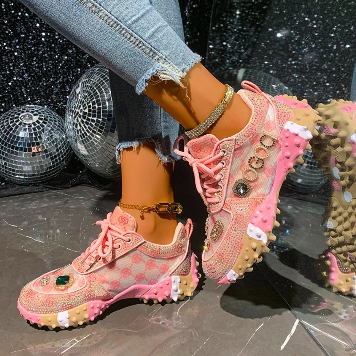 Women's Fashion Shoes Rhinestones Diamonds Embellished Luxury Shoes Rhinestones Designer Sneakers Thick Bottom Non Slip Running Shoes Zapatillas 