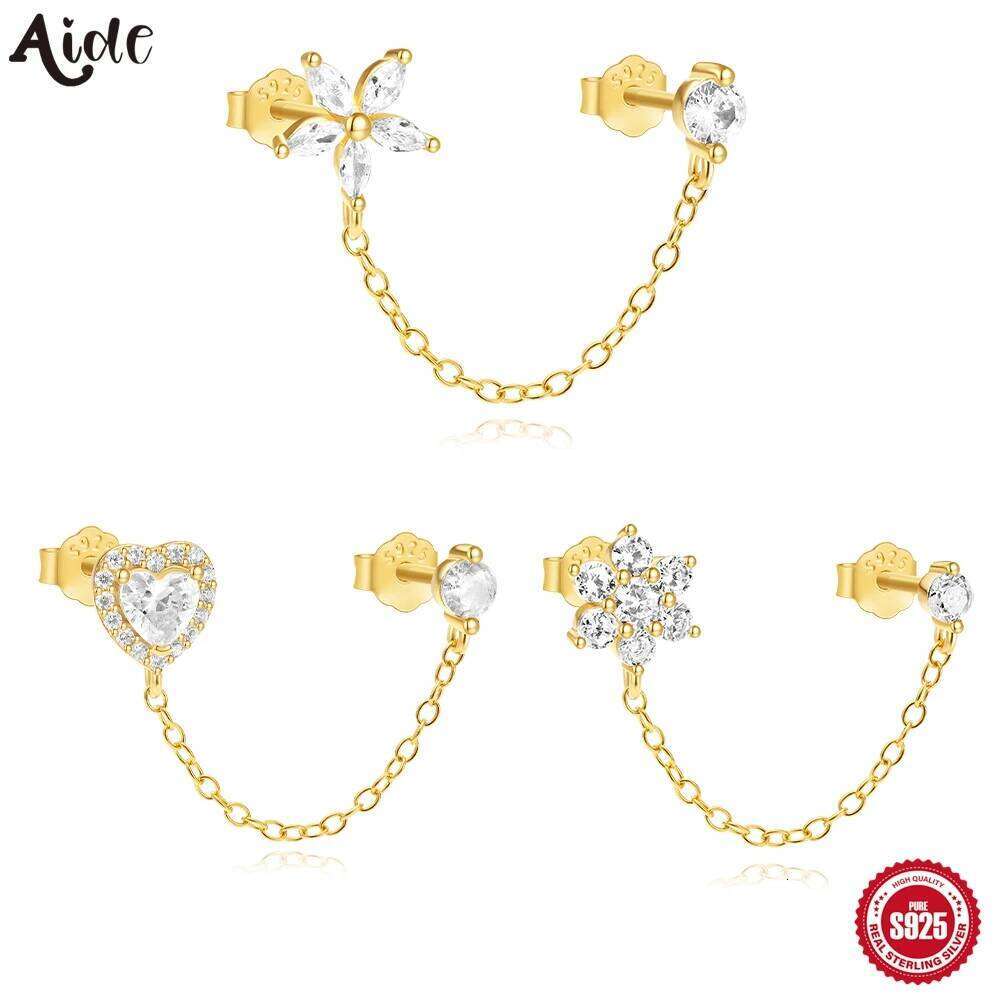 Aide 925 Sterling Silver Flower Heart Star Cubic Zircon Link Chain Double Stud Earring For Women Pendant Earrings Piercing Jewel
