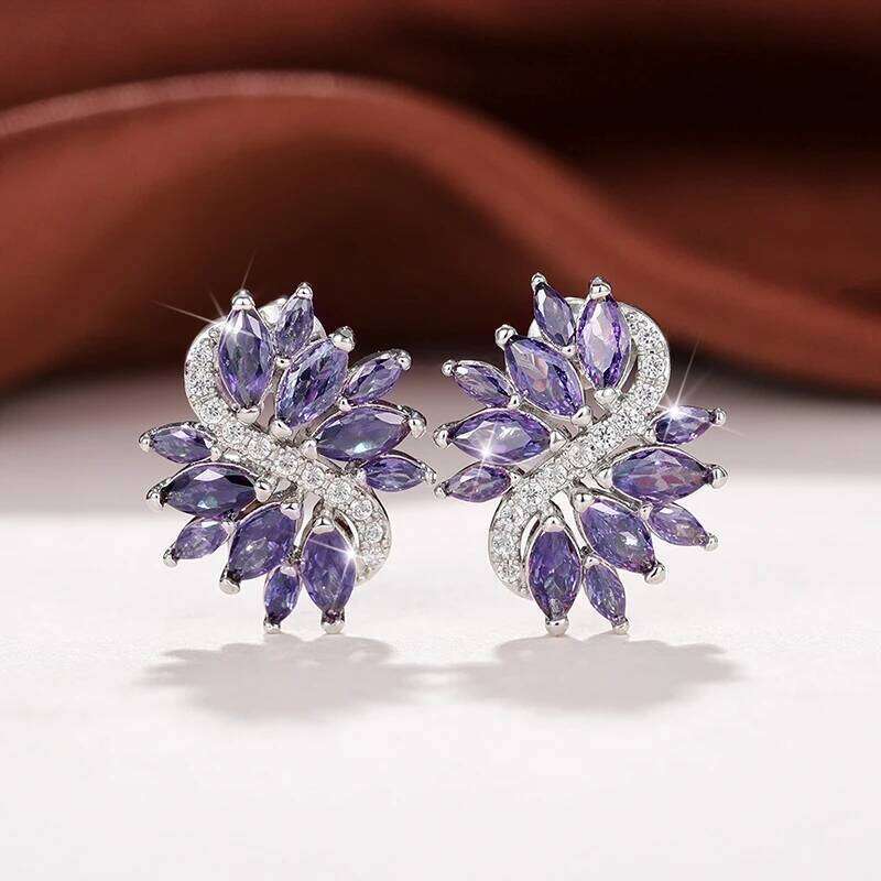 Huitan Gorgeous Marquise Purple CZ Stud Bling Accessories for Women Wedding Elegant Lady Earrings Luxury Jewelry