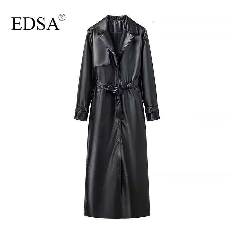 EDSA Women Luxury Faux Leather Jacket Coat With Belt For Autumn Winter Loose Long Windbreaker Trench Vintage Outerwear