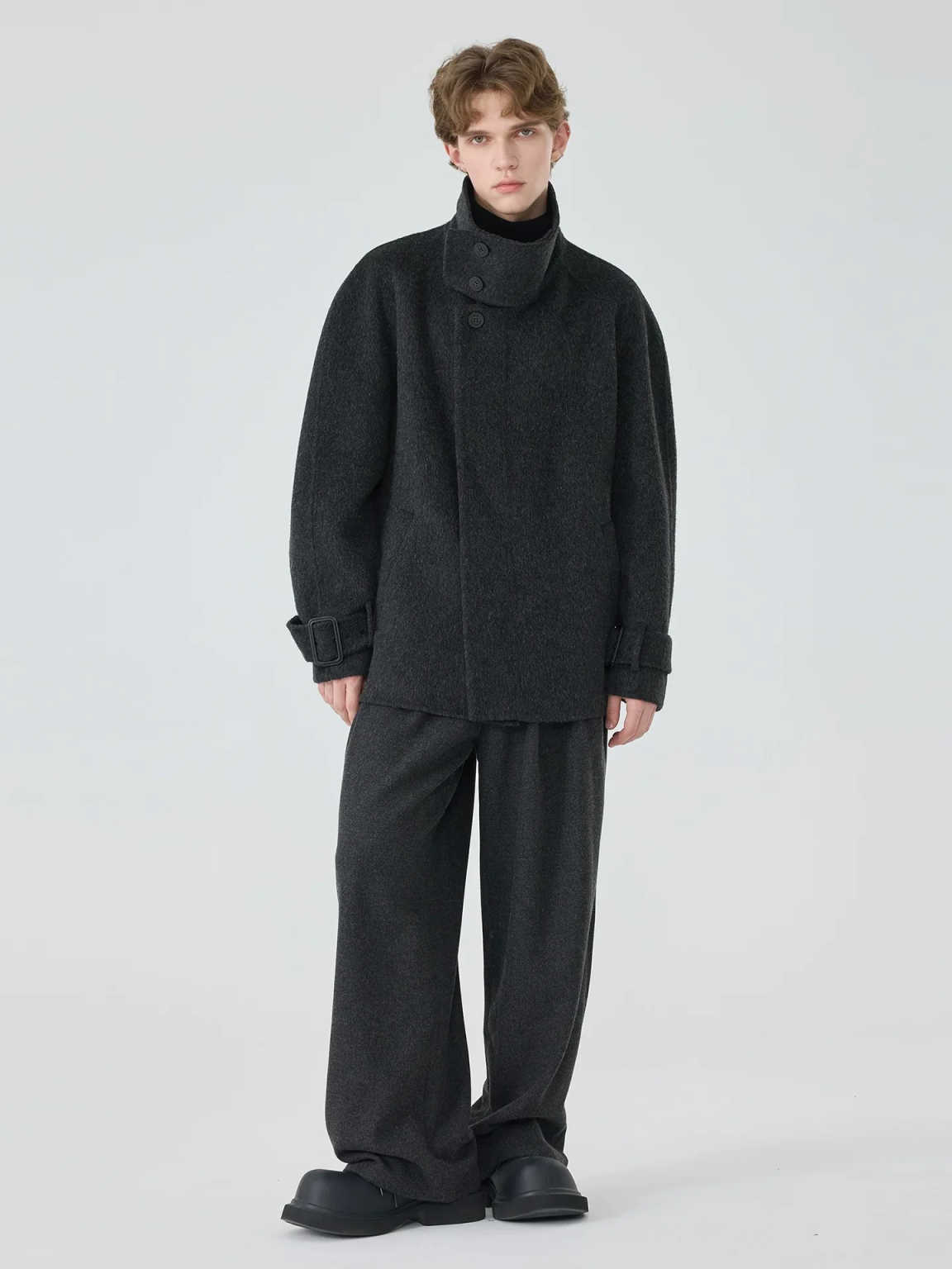 Autumn Winter Men Woolen Overcoat 2 Piece Single Breasted High Lapel Coat Pants Outerwear Fashionable Street Style Custom Made