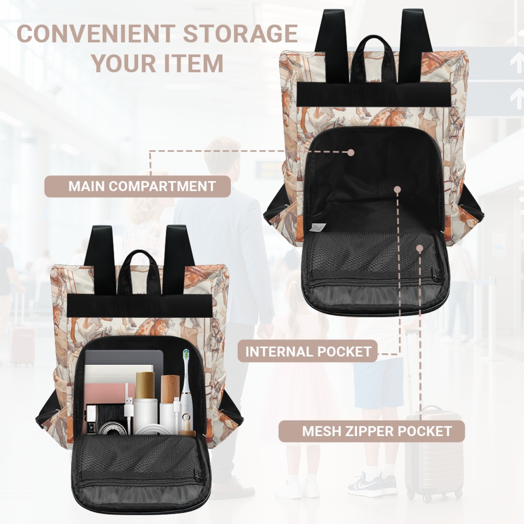 Custom H Designer Fashion Anti Theft Backpack Luxury Horse Pattern Unisex Full Print Backpack Laptop Bag Travel Bag H45