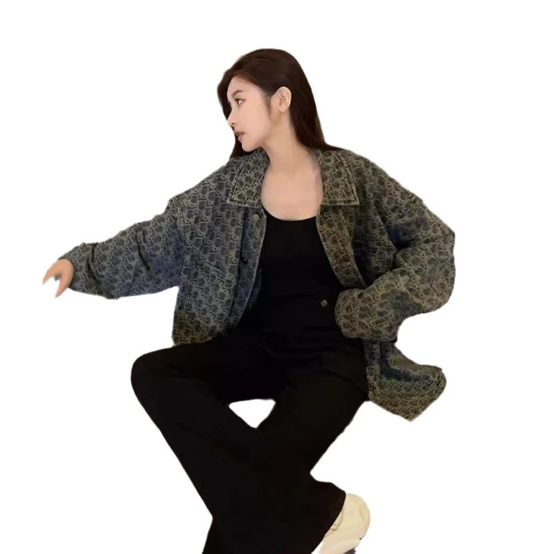 Women Denim Coats Print Single Breasted Coat Casual Turn Down Collar Y2k Streetwear Jackets Splice Jacket Vintage Spring 251231