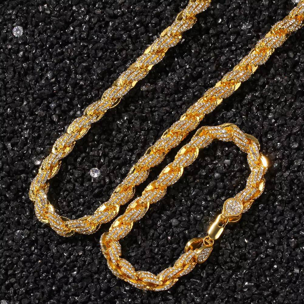 9MM Thick Choker Rope Chain Twisted Crystal Solid Gold Rope Chain 18K Plated Mens Iced Out Moissanite Diamond Rope Chain Necklace