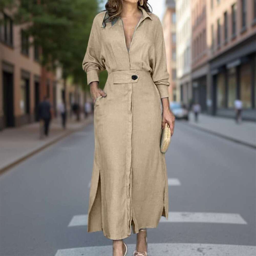 2026 Spring European and American Women's Fashion New Commuter Lace-up Solid Color Waist-cinching Long Sleeve Deep V Collar Dress
