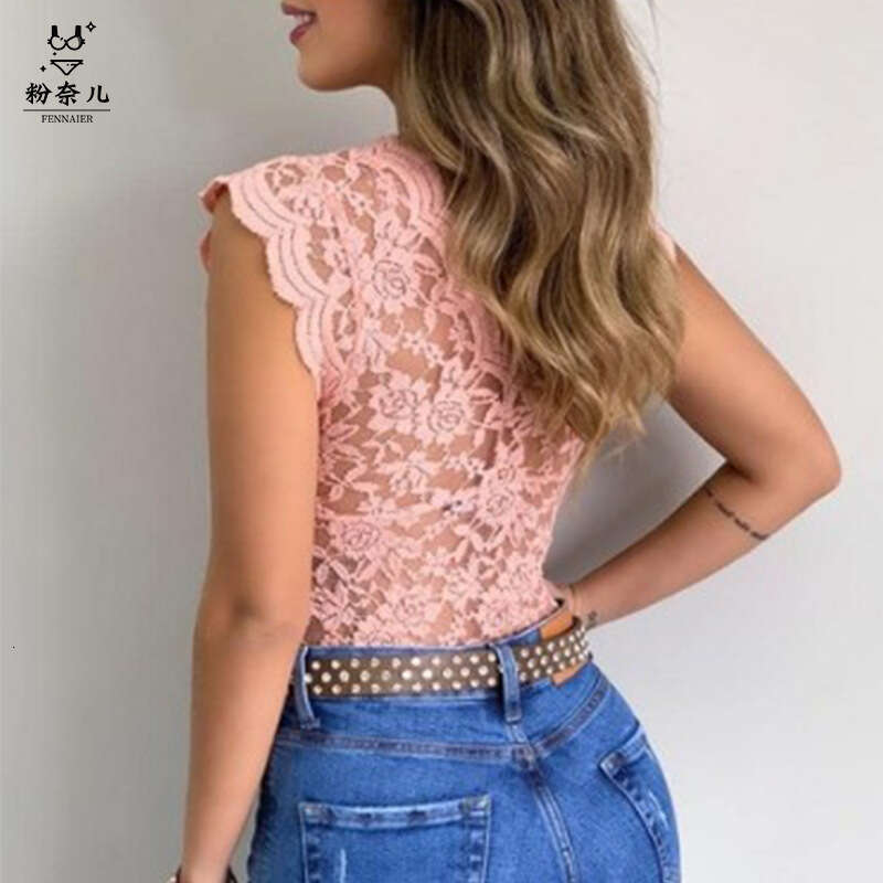 2026 New Lace Trim V-neck T-shirt Sexy Sheer Top B3067