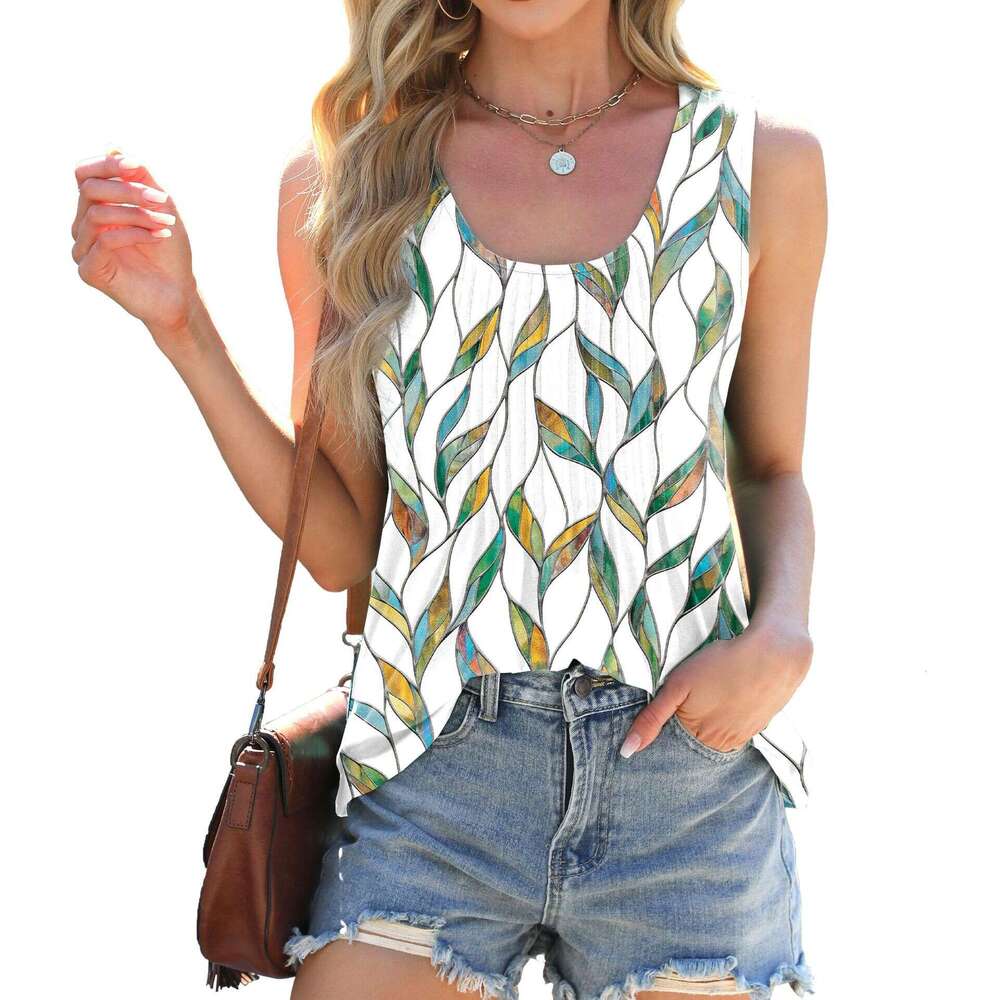 2026 Spring Summer New Round Neck Tie-Dye Printed Loose Sleeveless T-Shirt Vest for Women
