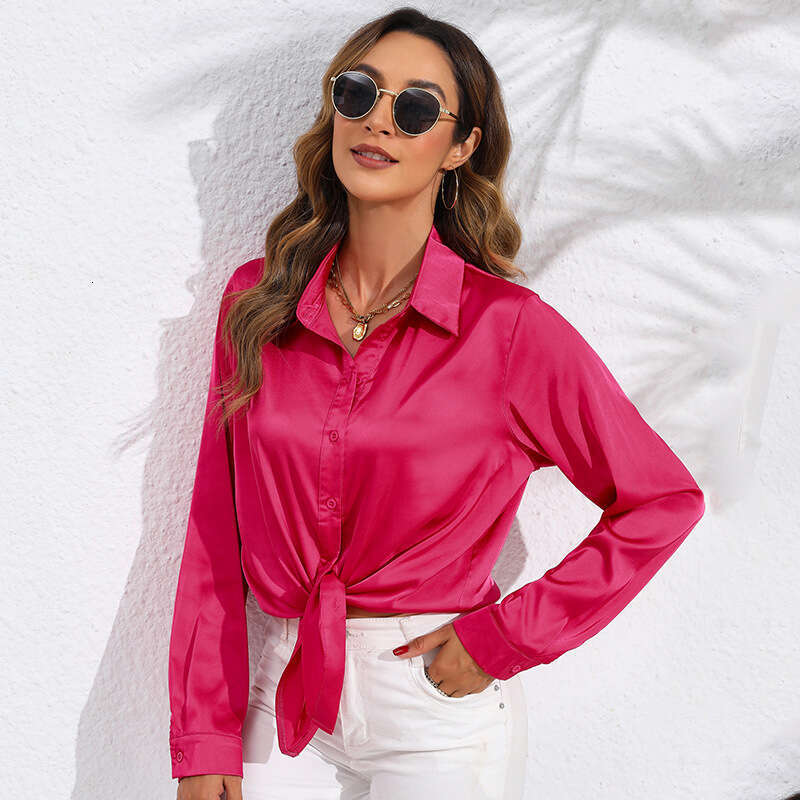 2026 Spring Autumn Hot-Selling Real Shot European and American Cross-Border Women's Solid Color Satin Long Sleeve Blouse