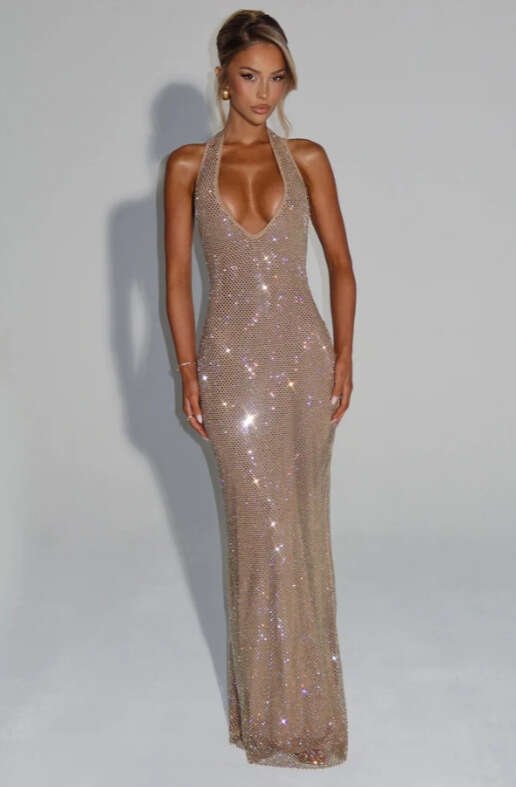 Sexy Deep V Sleeveless Halter for Women 2025 Summer New Elegant Sequin Backless Waist-Cinching Bodycon Dress