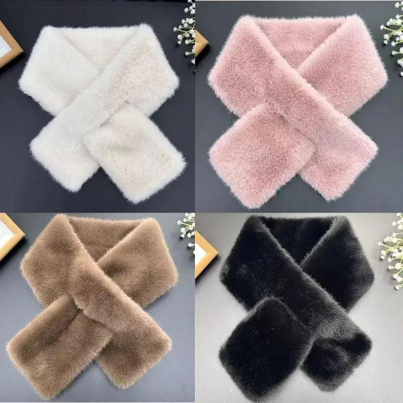 Korean Women Winter Warm Thicken Cross Collar Scarf Imitation Faux Rabbit Fur Scarf Solid Furry Neck Warmer Cold Proof Scarves 251225
