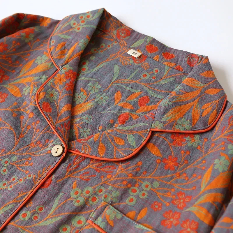 est Retro Style Cotton YarnDyed Leaf Printed LongSleeved Long Trousers Cardigan Womens Home Wear TwoPiece Pyjama Set 251231