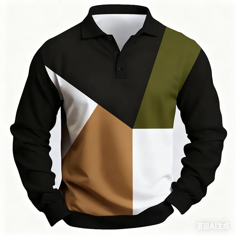 3D Fashion Color Blocking Mens Long Sleeve POLO Shirts Oversize Comfortable Breathable Lapel Button Casual Long Sleeve Clothing 251230