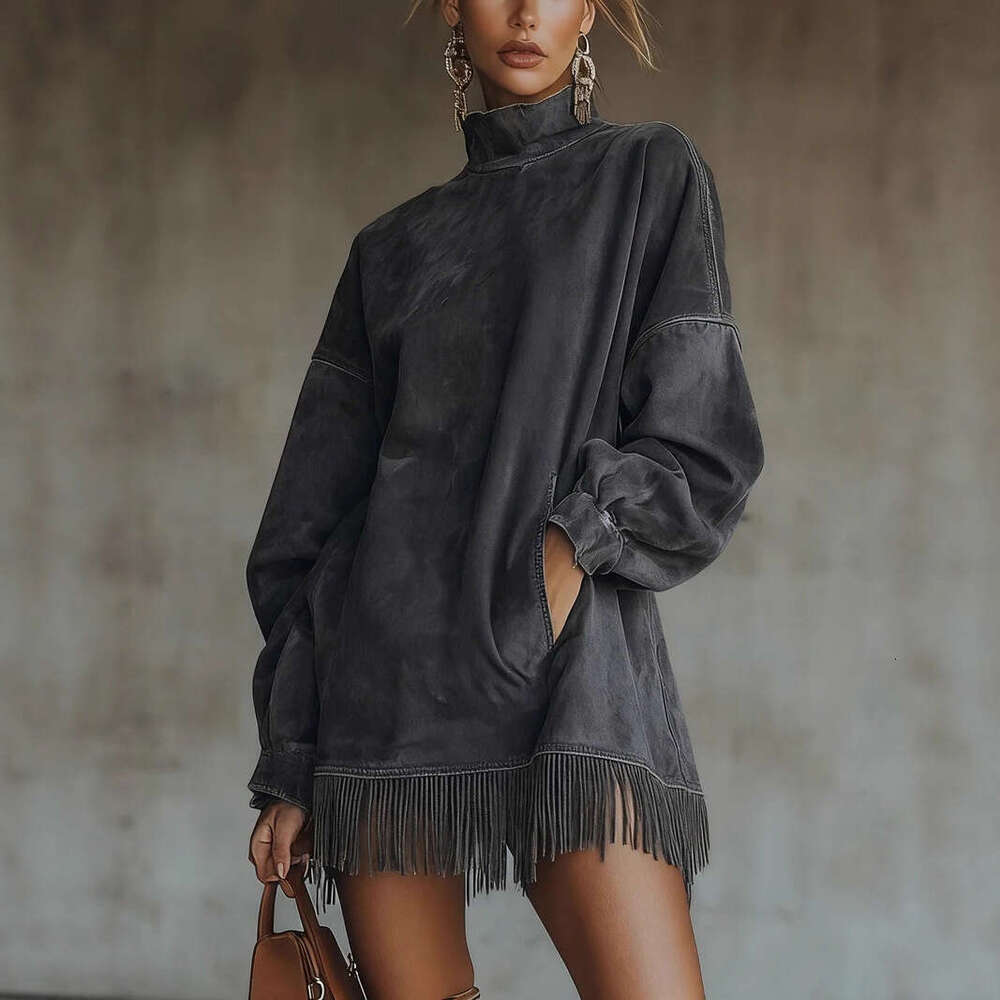 2026 New European and American Cross-Border High Neck Suede Retro Loose Pocket Tassel Long Sleeve Dress