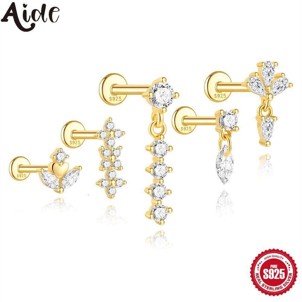Aide 1pc 925 Sterling Silver Zircon Geometric Piercing Earring for Women Gold Shiny Tassel Stud Earrings Party Wedding Jewelry