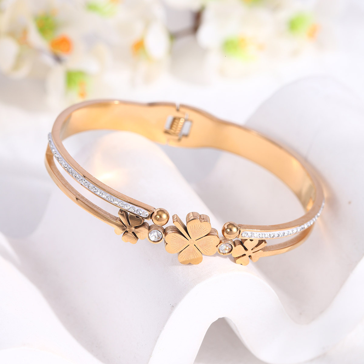 Luxury Brand Designer Jewelry European And American Stainless Steel Bracelet Double Layer Lucky Four-Leaf Clover Open Design Zircon Inlaid Exquisite H