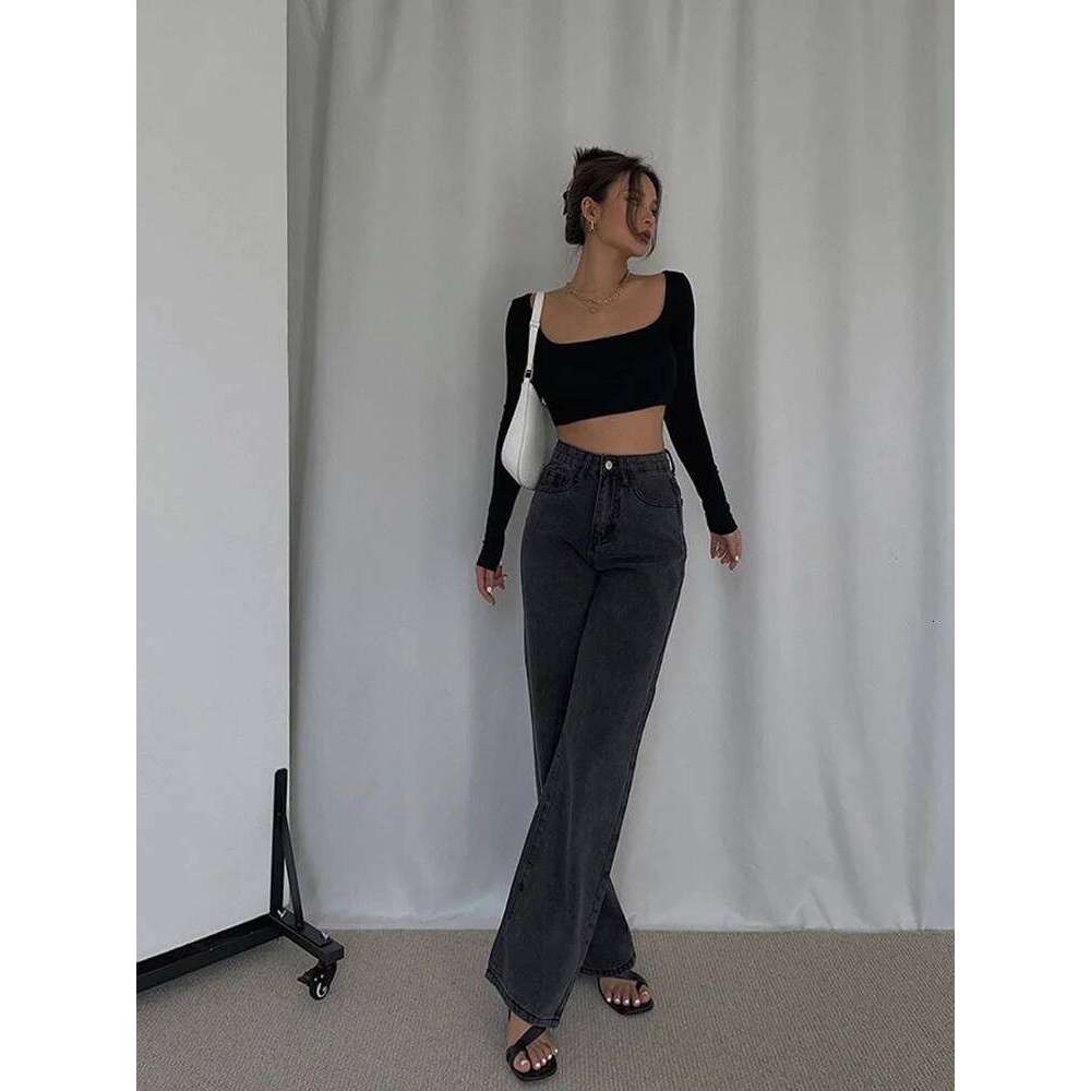 Black elastic bottom slim fit short long sleeved crop top seamless square collar T-shirt