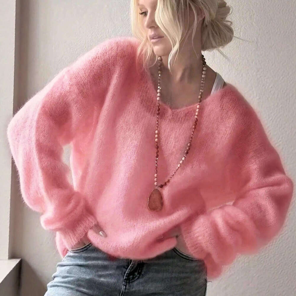 European and American Soft V-Neck Long Sleeve Sweater for Women 2026 Autumn Winter Pullover Solid Color Lazy Style Loose Knitted Top