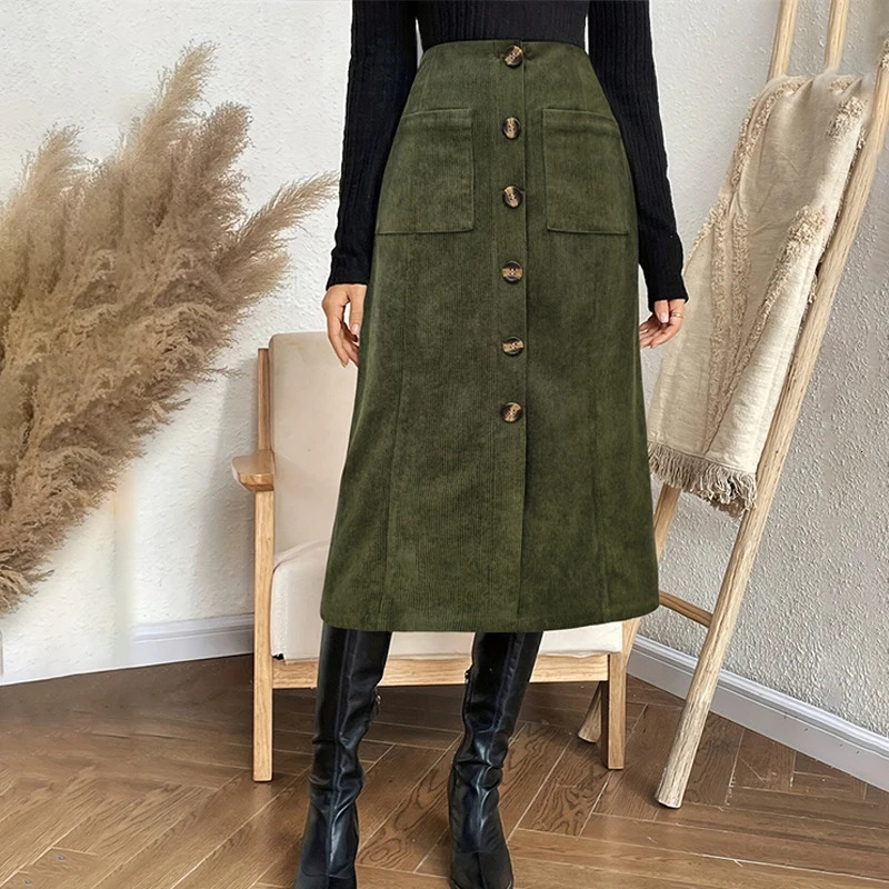 Vintage Green High Waist Midi Skirt Women Button Up Pocket ALine Long Skirts Autumn Winter Ladies Casual Streetwear Jupe Femme 251231