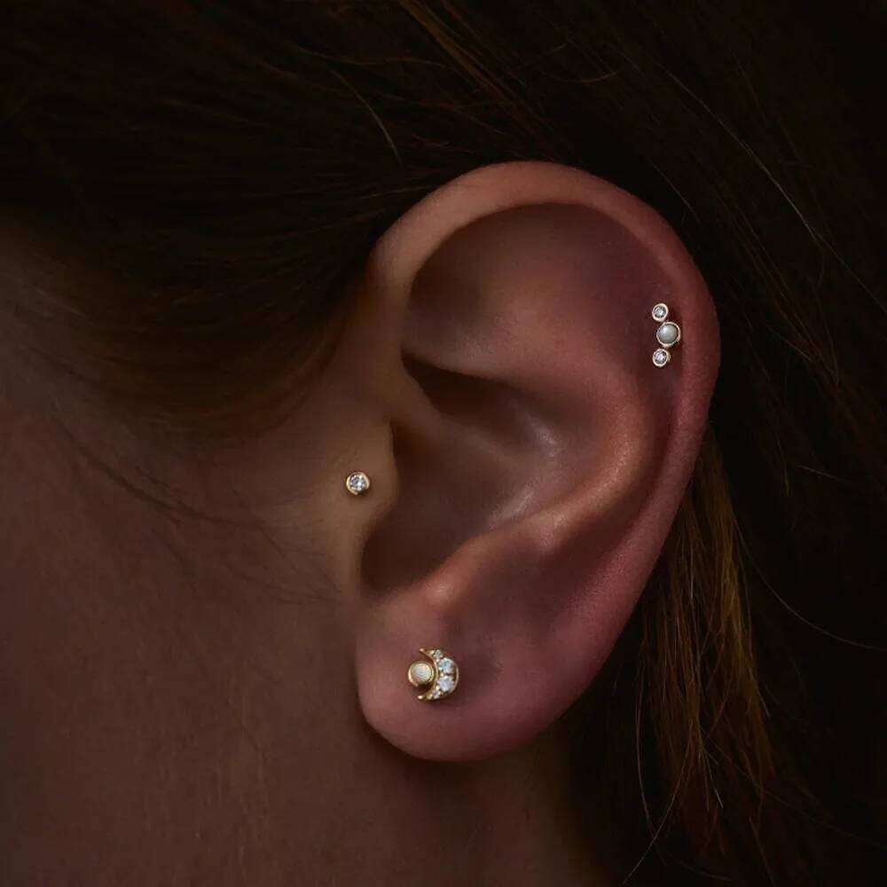 Aide 925 Sterling Silver 3pcs Set Moon Inlaid Zircon With Pearl Piercing Stud Earrings For Women K Gold Bohemian Elegant Jewelry