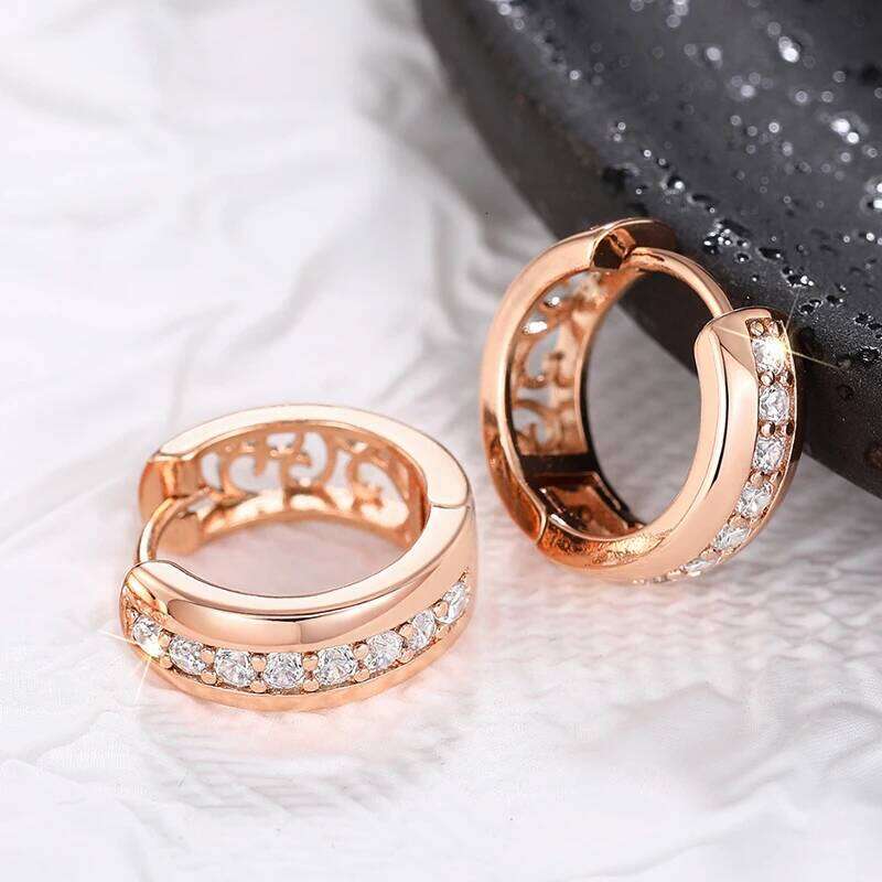 Huitan New Rose Gold Color Hoop with One Line CZ Temperament Women's Circle Earrings Hollow Pattern Statement Jewelry