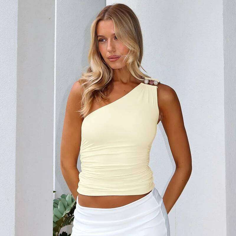 2025 Summer New Women's Clothing European and American Single Shoulder Bead Decorative Umbilical Tank T-shirt Top