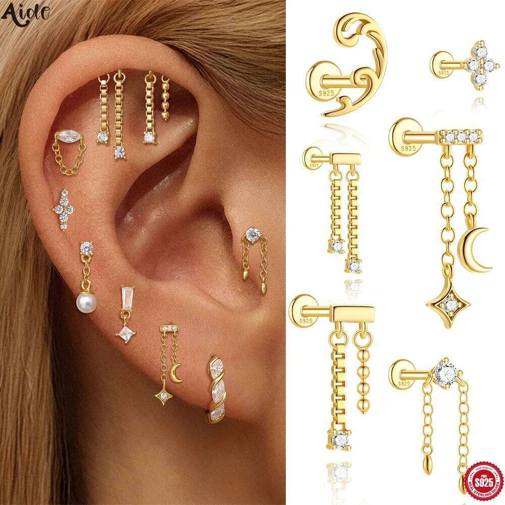 Aide 925 Sterling Shiny Silver Star Moon Pendant Chain Tassel Piercing Flat Back Earrings for Woman Handmake Korea Jewelry 1pc