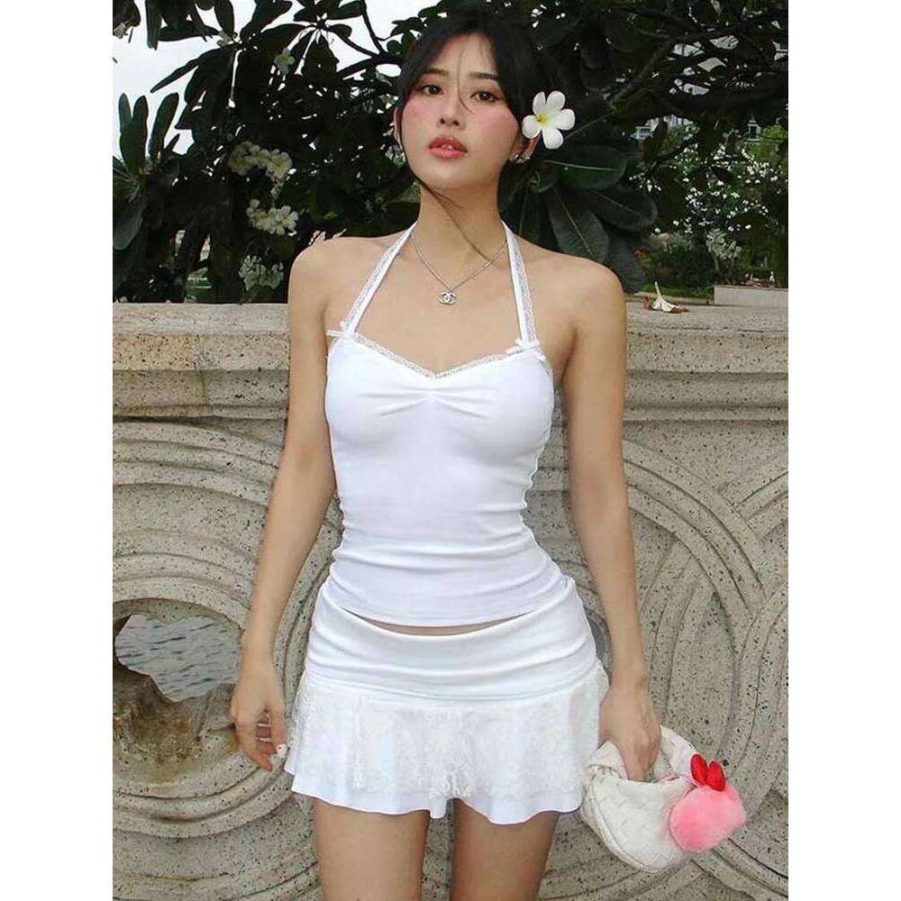 Solid Lace-up Halter Crop Top y2k Folds V-neck Sleeveless Black Knitted Tank Tops Women Vintage 2000s Basic Tee Harajuku