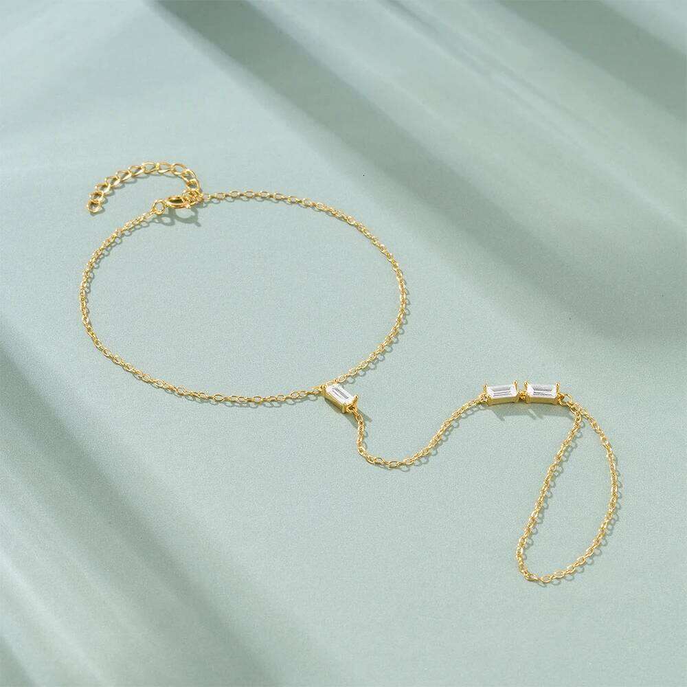 Aide Quality 925 Sterling Silver Gold Color Micro Pave CZ Station Charm Chain Bracelet With Ring Fashion Wrist Jewelry For Women