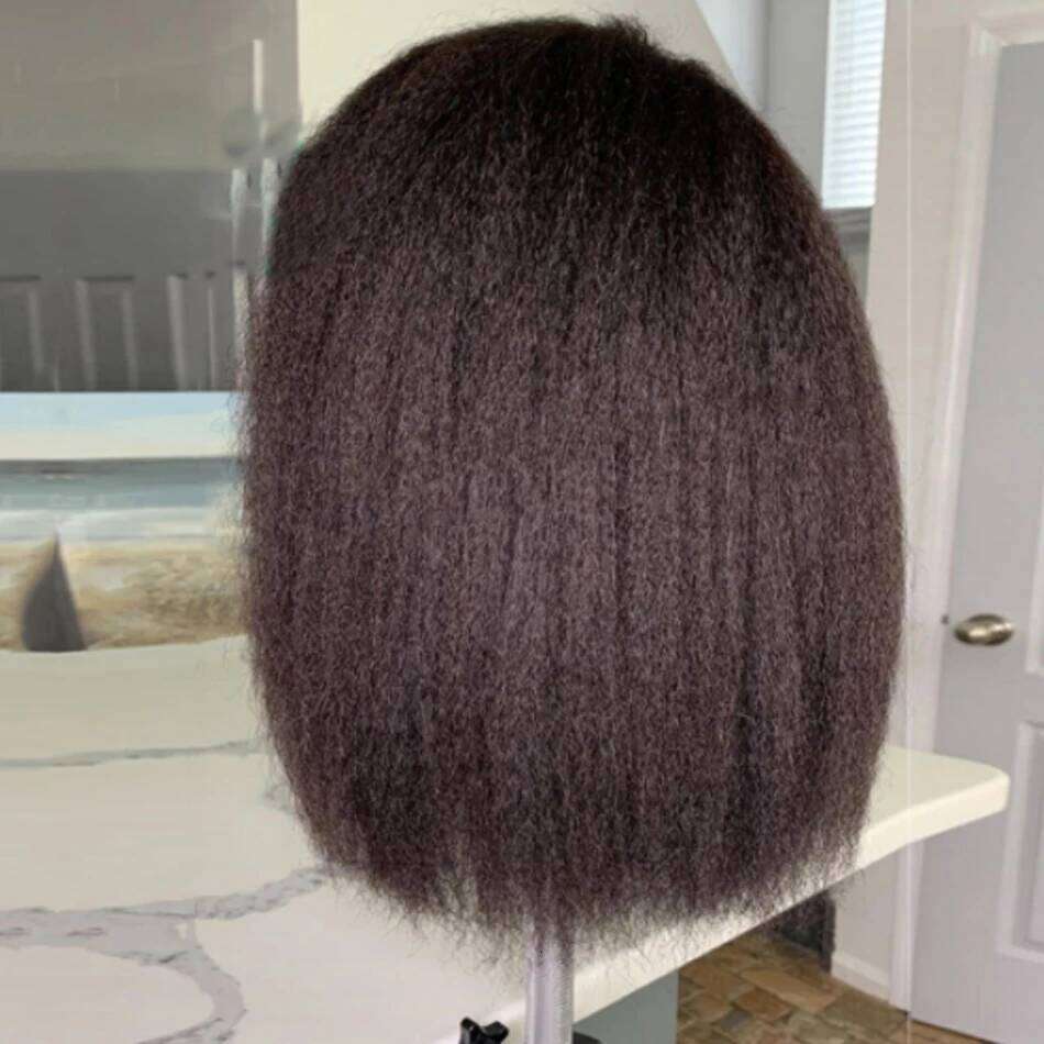 Glueless Kinky Straight Short Bob 100% Human Hair 13x4 Frontal HD Transparent Lace Peruvain Remy Soft Yaki Wear And Go Wig
