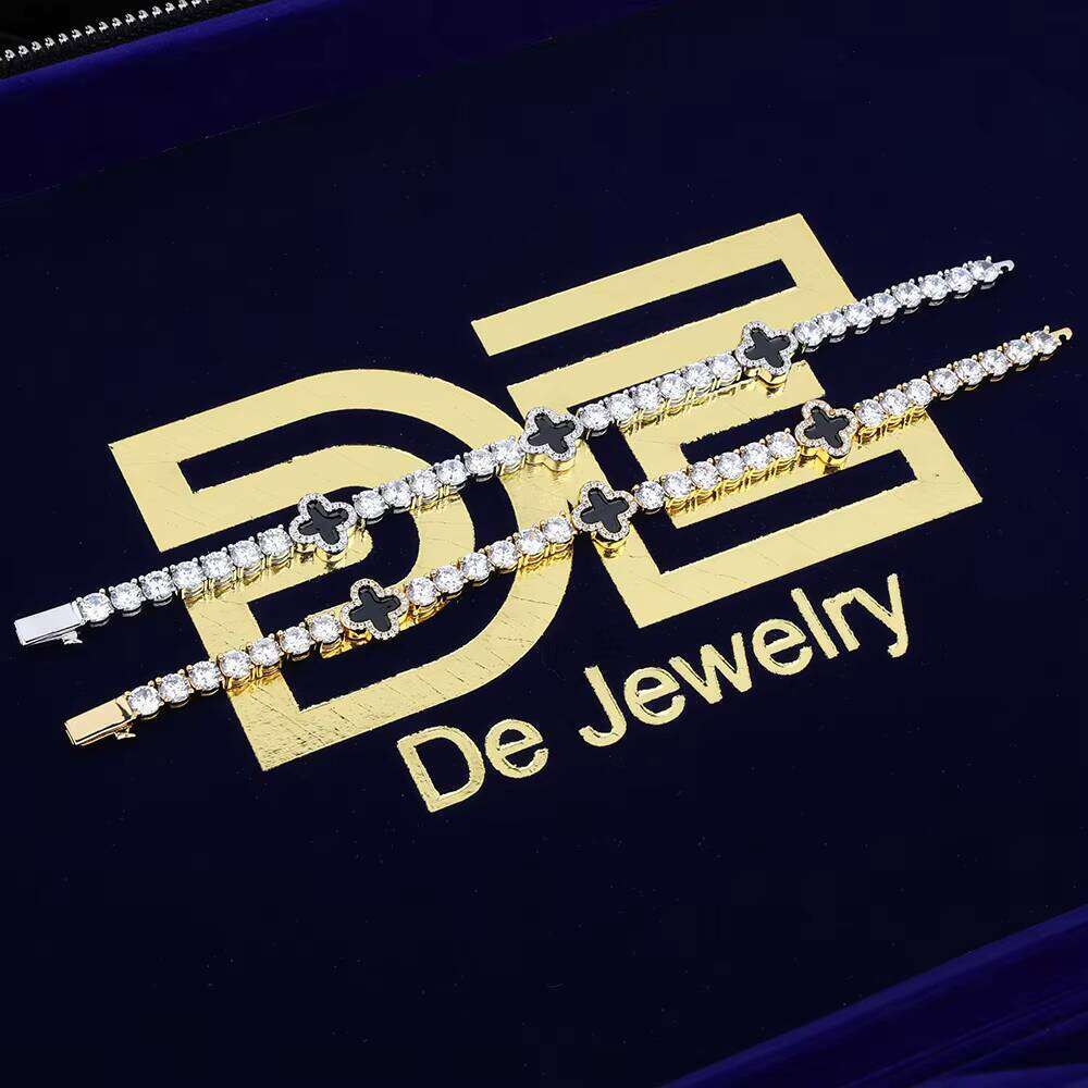 DE Hiphop Dazzling Fashion Brass Jewelry Iced Gold Plated Pearl Enamel Flower VVS Moissanite Tennis Chain Bracelet