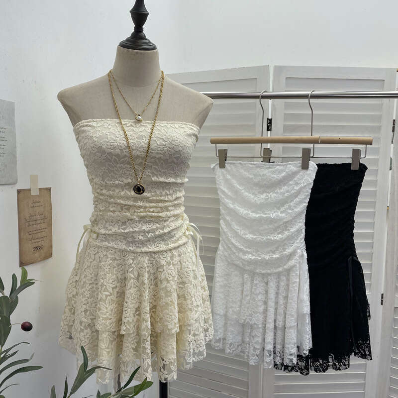 Real Shot Vintage Lace Patchwork Waist-Cinching Strapless Sexy Collarbone-Exposing Tiered Petite Short Dress 1272