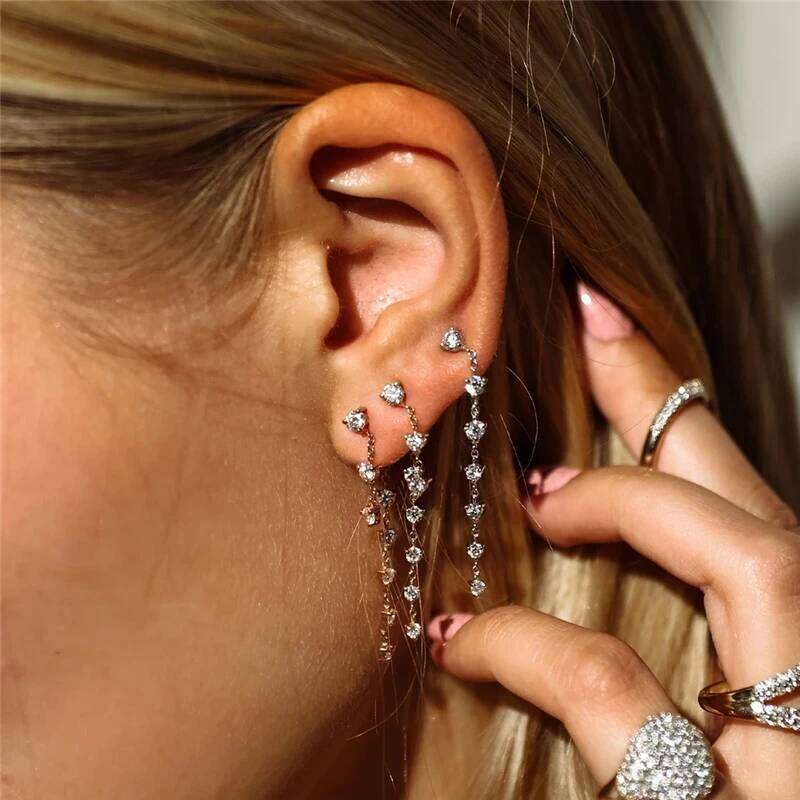 Aide 925 Sterling Silver Moon Star Long Tassel Chain With Mini Zircon Stud Earrings For Women 18K Gold Fine Jewelry High Quality