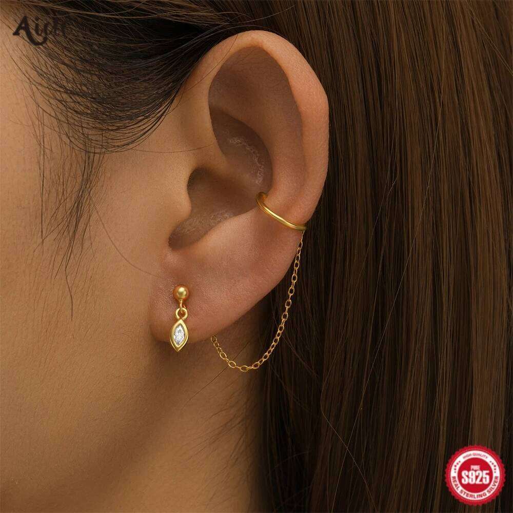 Aide 925 Sterling Silver 1pc Gold Ear Cuff With Waterdrop Tassel Chain Piercing Stud Earrings For Women Simple Fine Jewelry Gift