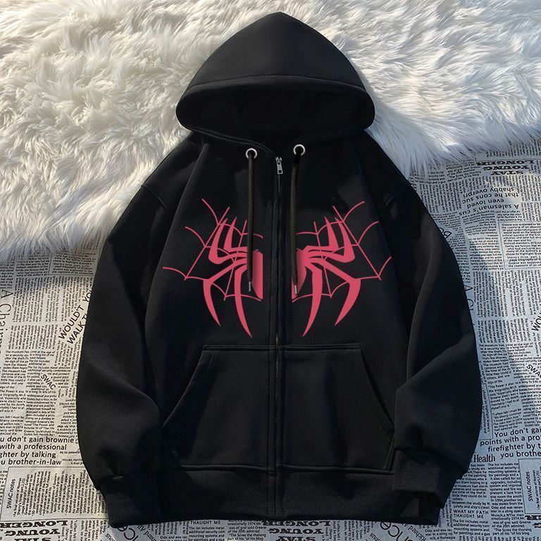 European and American Style Cool Unisex Fleece Hoodie for Men and Women Autumn Winter Spider Print Zipper Sports Outdoor Jacket