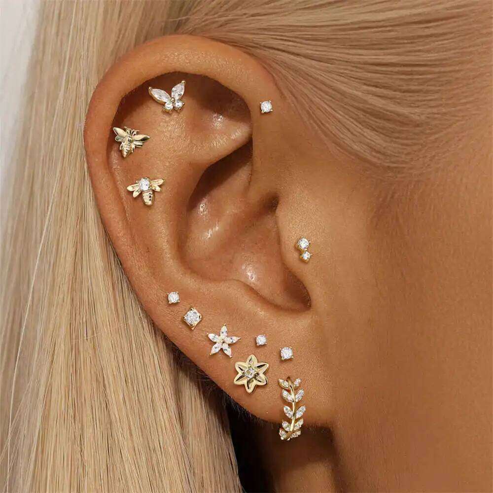 Aide 1pc 14k Solid Gold DIY Handmake Zircon Pearl Puncture Stud Earrings Minimal Wedding Bride Gift Pendientes Fine Jewelry
