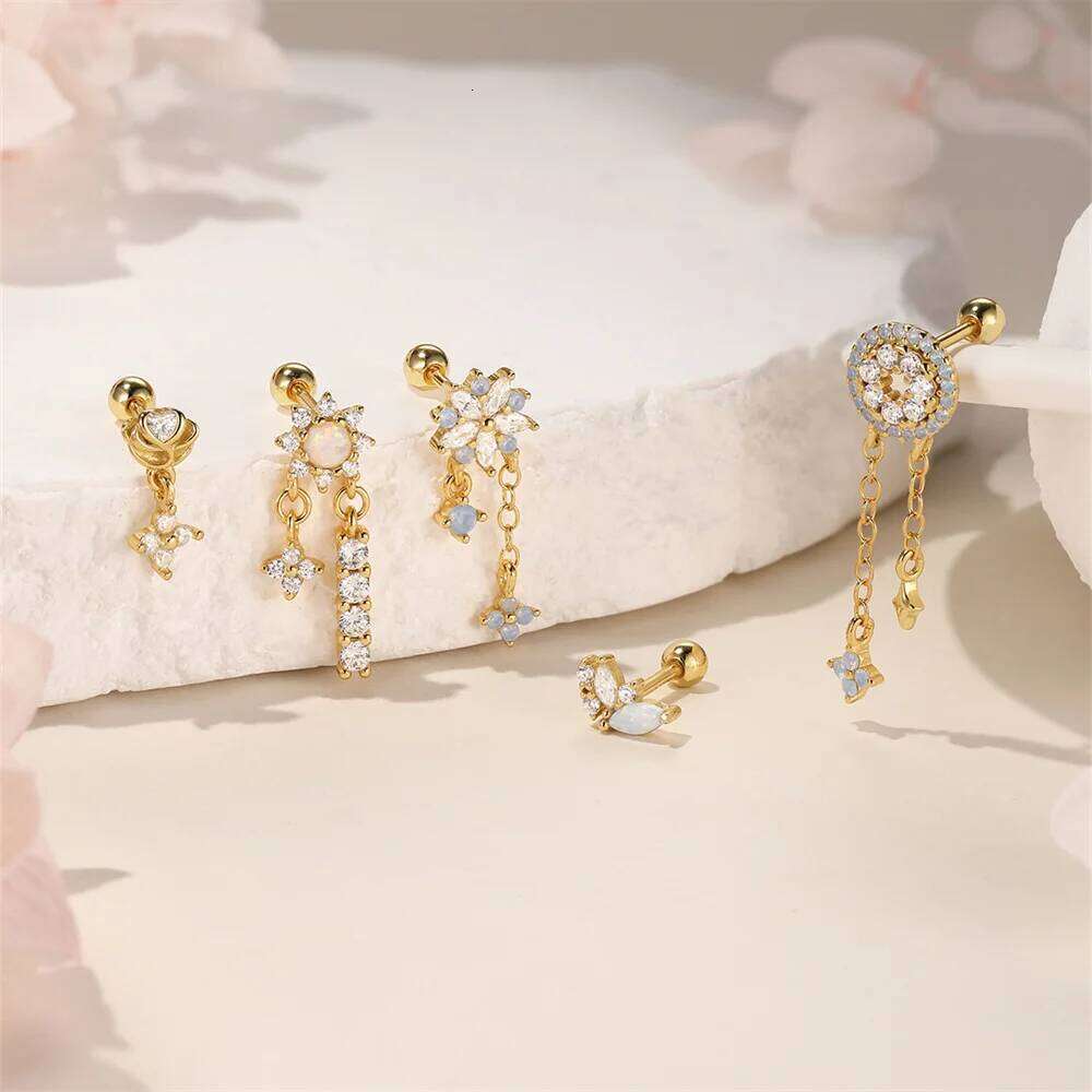 Aide 1Pc 925 Silver Stars Moon Stud Earrings For Women 18K Gold Chain Flat Head Threaded Puncture Ear Bone Ins Fine Jewelry