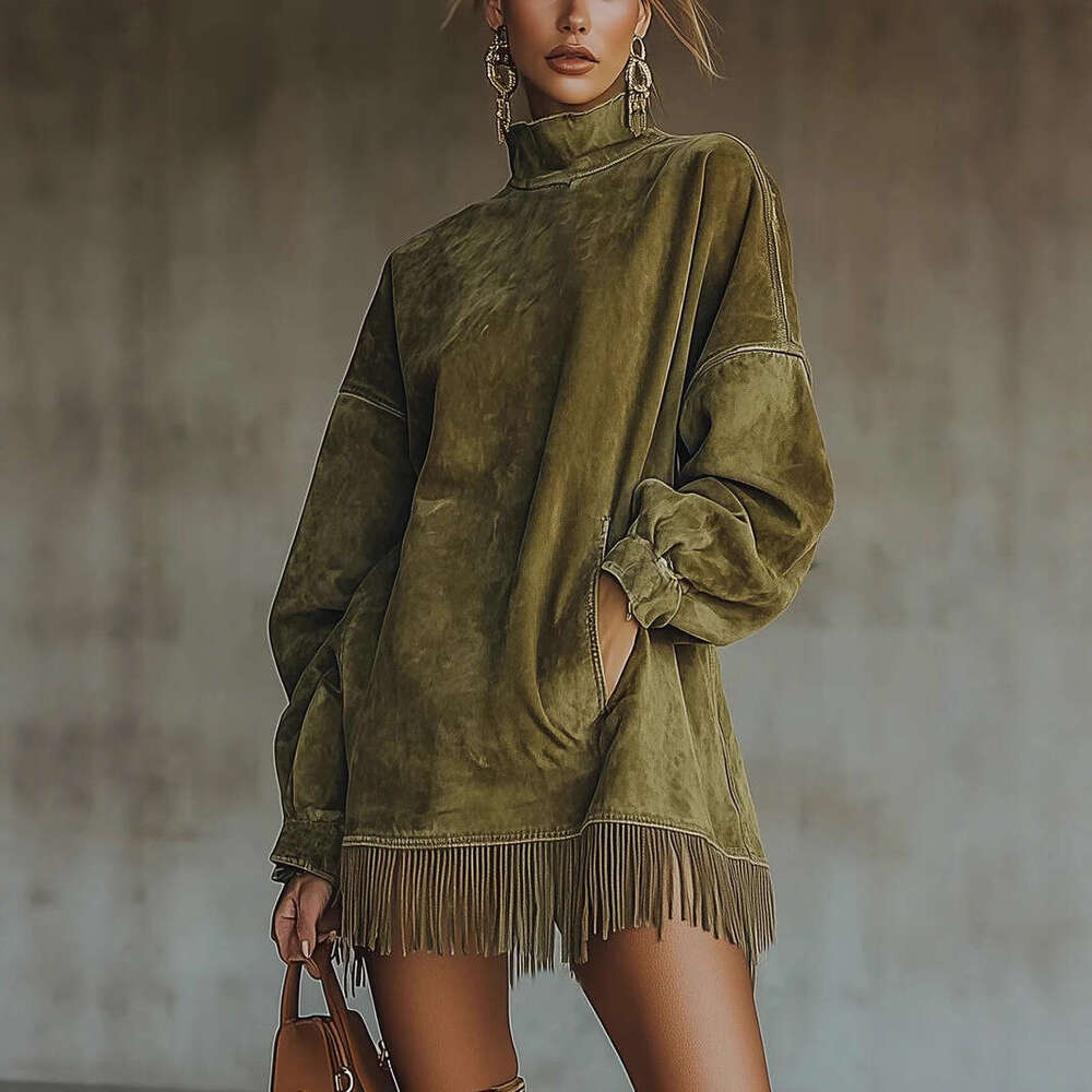 2026 New European and American Cross-Border High Neck Suede Retro Loose Pocket Tassel Long Sleeve Dress