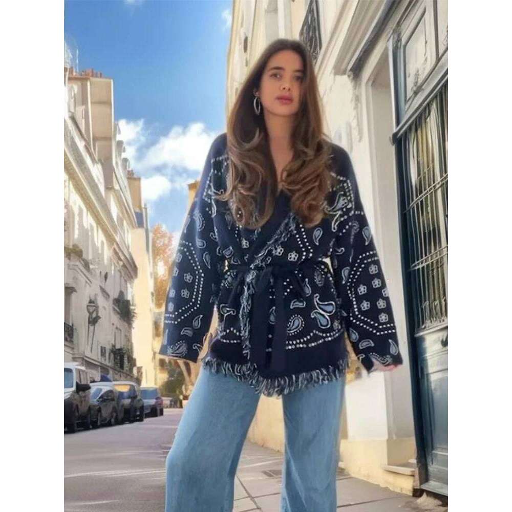 Tassel Patchwork Printed Cardigan Women Fashion V-Neck Long Sleeve Loose Outerwears Lady Autumn Daily Commute Street Cardigans