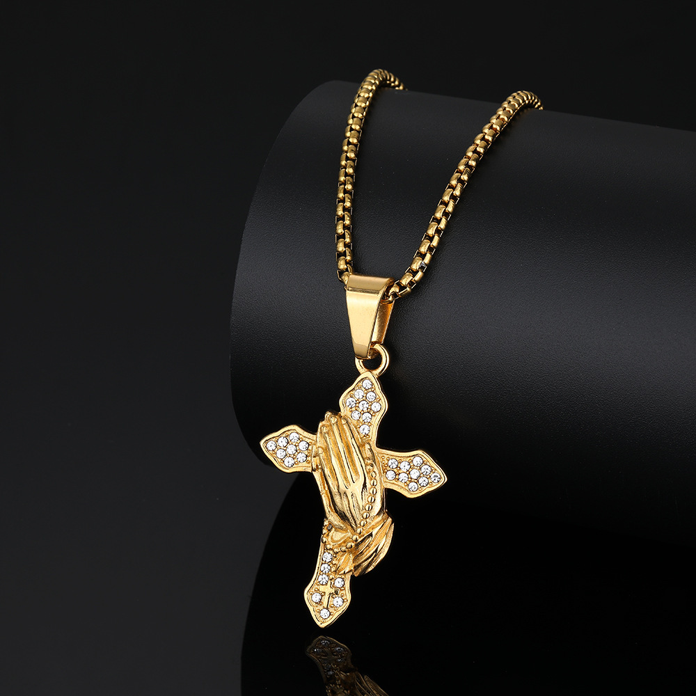 Luxury Brand Designer Jewelry Jewelry Source Manufacturer European And American Classic Retro Prayer Hands Cross Titanium Steel Gold-Plated Pendant In