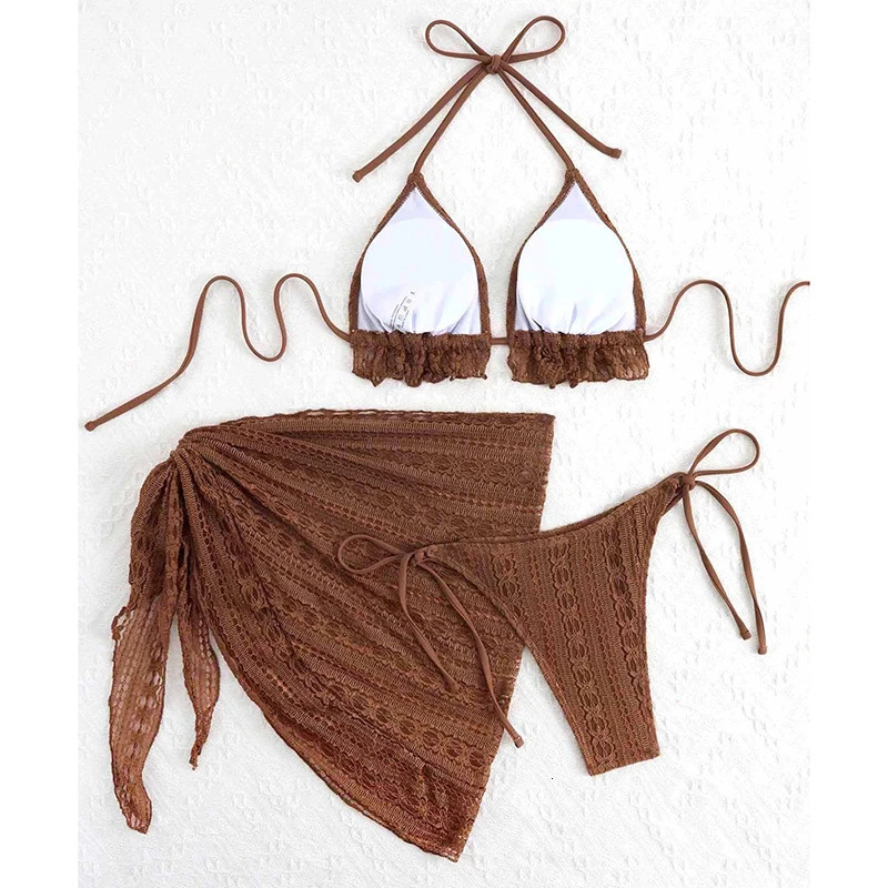 Sexy Bikini Set Bathing Suit Women Triangle Spliced Ruffles Halter Push Up Bandage Cover Beachwear 3 Piece Swimsuit 251231